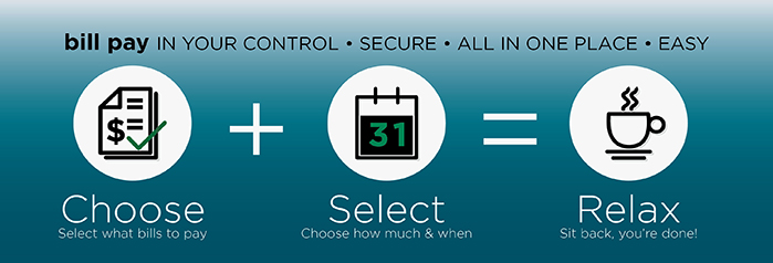 Bill Pay in your control * Secure * All in One Place * Easy Choose plus Select equals Relax  Select what bills to pay.  Chose how much and when.  Sit back you're done